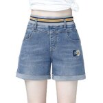 Short en jeans femme taille haute elastique short ete stretch jambe large amincissant 5 poches effet ...