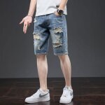 Short en jean homme �t� d�chir� slim fit casual bermuda d?et� - bleu