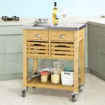 Sobuy desserte de cuisine en bambou sur roulettes avec plateau en acier inox antitrace 2 tiroirs et 2 ...