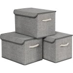Songmics bo�tes de rangement en tissu lot de 3 coffres bacs avec couvercle poign�es coton motif lin gris ...