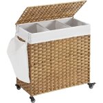 Songmics panier � linge 140l imitation rotin 3 parties sac amovible 66 x 33 x 60 cm couleur bois�e lcb363n01 ...