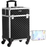 Valise de maquillage professionnel - songmics - mobile - 4 roulettes - 4 plateaux - noir