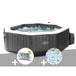 Kit spa gonflable intex purespa carbone octogonal bulles et jets 4 places + 12 filtres + 5 kg de sel