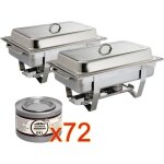Lot de 2 chafings dish inox milan gn 1 / 1 (p)65 mm avec 72 gels combustibles