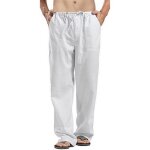 Sports et loisirs pantalon droit uni en lin avec poche à cordon pour hommes blanc Sports et loisirs pantalon droit uni en lin avec poche à cordon pour hommes blanc