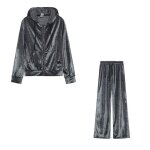 Sportswear manches ensemble velours 2 pice pour femme hiver longues sweatshirt et pantalon gris