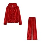 Sportswear manches ensemble velours 2 pice pour femme hiver longues sweatshirt et pantalon rouge