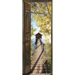 Sticker d�coratif pour porte trompe loeil porte en bois ouverte vue dautomne un ponton qui m�ne � une ...