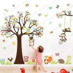 Sticker mural animal hibou singe arbre d�co decal p�pini�re chambre denfant