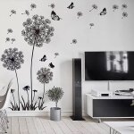 Sticker mural fleur de pissenlit noir (165x130cm) i papillon plante branche arbre i sticker mural autocollant ...