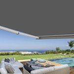 Store banne coffre int�gral 35 x 3 m motoris� et manuel ext�rieur pour terrasse - gris