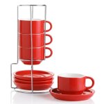 Sweejar tasses � caf� empilables en c�ramique - lot de 4 tasses expresso 110 ml avec soucoupes et support ...