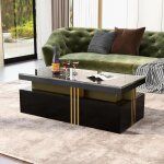 Table basse 100 x 50 x 40 cm style scandinave 2 tiroirs en bois pcv marbrure noir