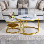 Table basse - lot de 2 - marbrure - style moderne - blanc et or - 70 x 45 cm et 45 x 40 cm - ronde