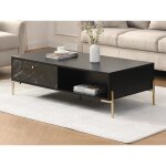Table basse avec 2 tiroirs et 2 niches en mdf et m�tal - effet marbre noir et dor� - ciemila