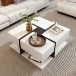 Table basse avec 4 tiroirs - table de salon avec design de ligne uniques - rangement - carré - blanc Table basse avec 4 tiroirs - table de salon avec design de ligne uniques - rangement - carré - blanc