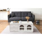 Table basse 60x100cm avec portes et tiroirs style naturel chic volos blanc texturé Table basse 60x100cm avec portes et tiroirs style naturel chic volos blanc texturé