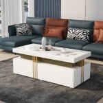 Table basse blanc rectangulaire moderne avec planche à motifs en marbre et 2 tiroirs en bois table de ... Table basse blanc rectangulaire moderne avec planche à motifs en marbre et 2 tiroirs en bois table de ...