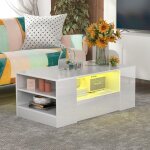 Table basse blanche avec bande led - 2 tiroirs et 2 tagres - style scandinave - blanc brillant - 95 ...