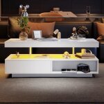 Table basse blanche brillante - avec 4 plateaux en verre 2 tiroirs et 2 compartiments ouverts meuble ...
