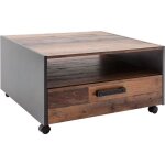 Table basse carr  roulette - panneaux de particules - dcor bois vieilli et gris - double plateau - ...