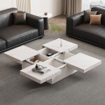 Table basse carr�e 90x90x25cm - okwish - placage de marbre - 4 tiroirs plateau coulissant - blanc