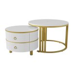 Table basse gigogne - flasidu - lot de 2 - mdf - motif marbr� - blanc - 70x46cm & 50x40cm