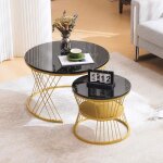 Table basse gigogne moderne 2 en 1 table basse ronde en placage de marbre - dor et noir
