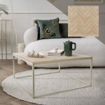 Ml - design table basse 80x80x40cm en acier aspect ch�ne � chevrons marron structure m�tallique dor�e ...