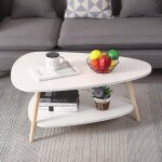 Table basse ovale scandinave - jeobest - blanc laqu� mat - 2 �tag�re - pieds en bois h�tre massif