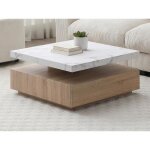 Table basse pivotante avec 1 tiroir en mdf - effet marbre blanc et naturel - kyria Table basse pivotante avec 1 tiroir en mdf - effet marbre blanc et naturel - kyria