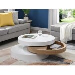 Table basse pivotante ronde avec 1 niche en mdf - blanc et naturel clair - janita Table basse pivotante ronde avec 1 niche en mdf - blanc et naturel clair - janita