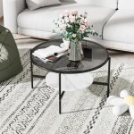 Table basse ronde 80 cm meuble table cafe salon en verre tremp cadre en fer noir - effet marbre