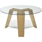 Table basse ronde en verre clair et ch�ne massif - longueur. 75 x hauteur 40 x profondeur 75 cm