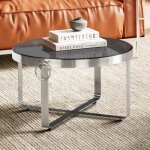 Table basse ronde - wohnling - 60x60x34 cm - verre noir - métal argent - design moderne Table basse ronde - wohnling - 60x60x34 cm - verre noir - métal argent - design moderne
