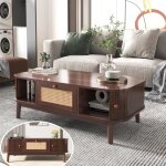 Table basse en rotin - table basse salon - 1 tiroir et 2 portes coulissantes - bois massif - 110 * 55 ...