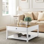 Table basse vasagle - style marin - 2 grands tiroirs - 80 x 80 x 45 cm - brou de noix et blanc