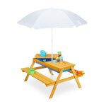 Relaxdays table de jardin pour enfants en bois bacs pour jouer avec l eau et le sable parasol inclus ...