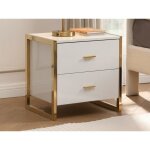 Table de chevet 2 tiroirs - mdf - blanc laqu� et dor� - ombrelia