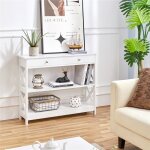 Table console blanc - yaheetech - console entr�e en bois - 3 niveau avec 1 tiroir - pied en bois massif ...