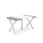 Table console extensible 140x90x726cm pour 6 personnes pieds bois massif blanc et ciment rf2722