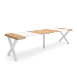 Table console extensible 300 pour 14 personnes 302x90x726cm pieds bois massif ch�ne et blanc rf2839