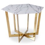 Table hexagonale 120cm zadig verre effet marbre blanc et pied m�tal or