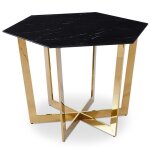 Table hexagonale 120cm zadig verre effet marbre noir et pied m�tal or