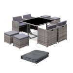 Table de jardin encastrable r�sine tress�e + 8 assises + housse de protection coussins gris chin�. table ...