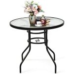 Table de jardin ronde - goplus - d. 80x71cm - plateau en verre tremp� - trou de parasol 40mm - charge ...