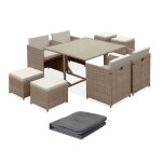 Table de jardin encastrable r�sine tress�e + 8 assises + housse de protection coussins beige. table encastrabl ...