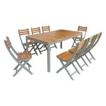 Table de jardin acacia avec coins arrondis + 8 assises kaki. 160 x 90 x 75 cm
