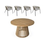 Table int�rieur / ext�rieur bois dacacia + 4 assises en corde beige et acier
