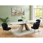 Table  manger extensible 6  10 personnes en verre tremp cramique et mtal - effet marbre blanc et ...